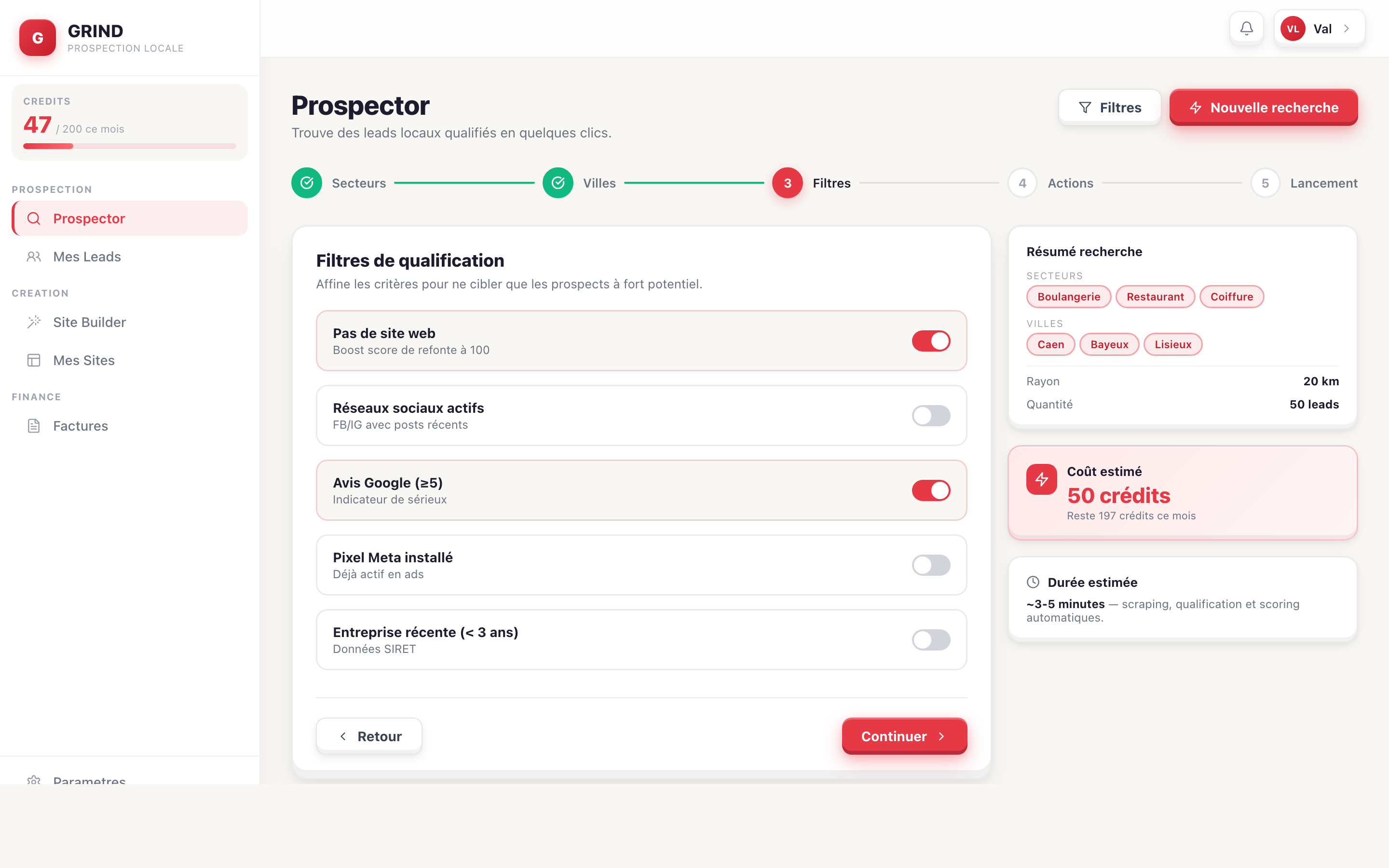 Module Prospector — filtres et résultats